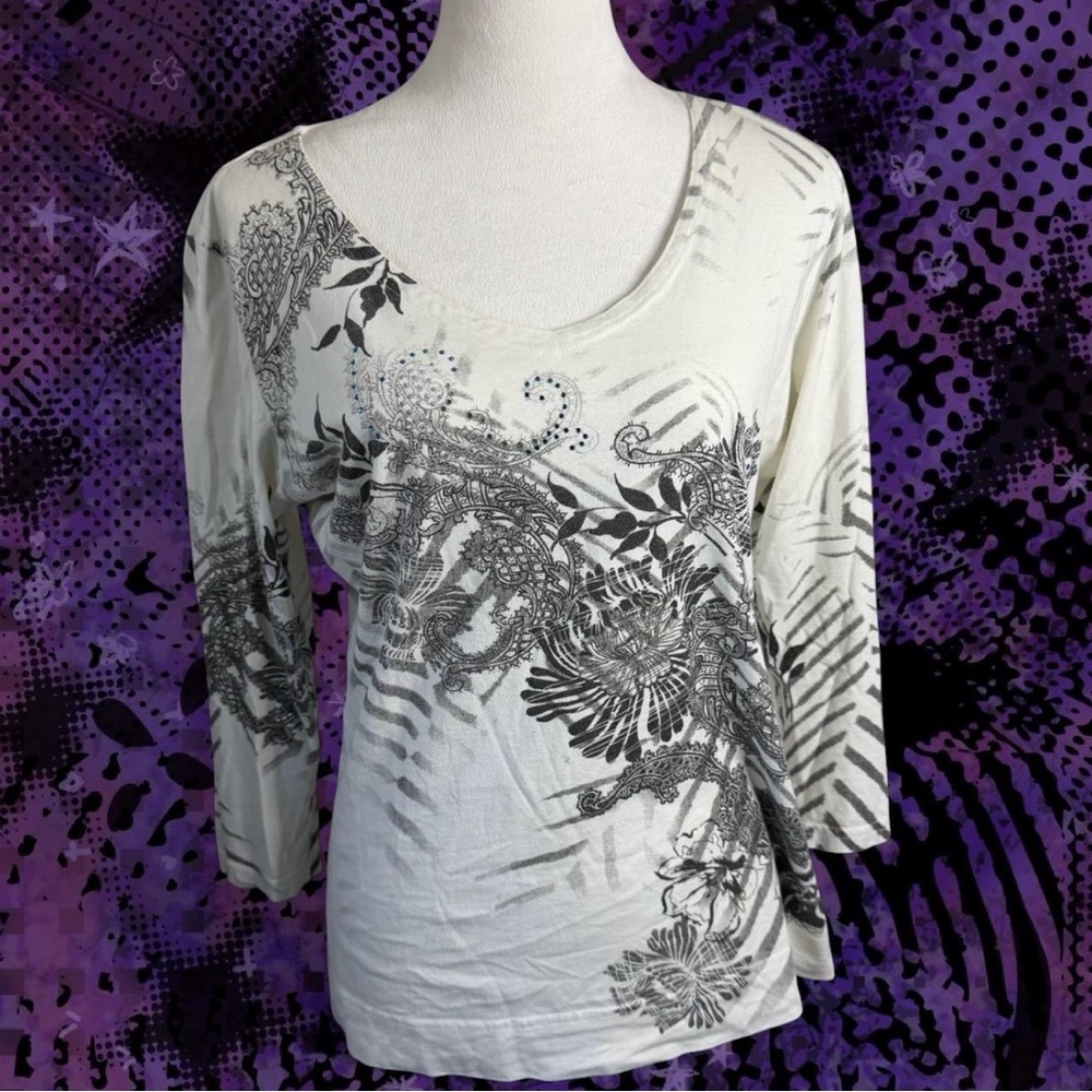 Cream & black graphic 3/4 sleeve top